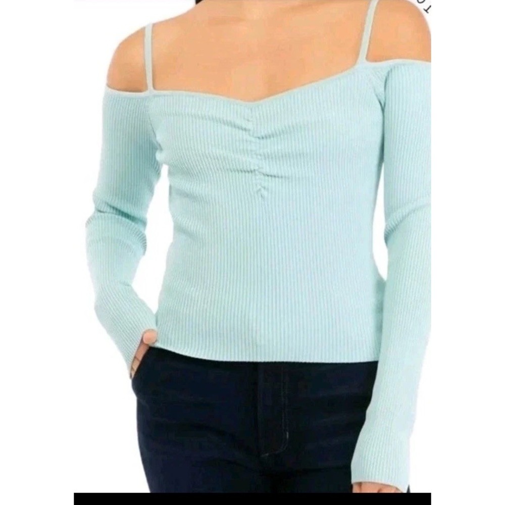 7 for All Mankind Off Shoulder Top Light Blue Stretch Ribbed Knit Size Medium